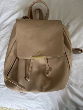 Beige Women's Drawstring Backpack with Gold Accent